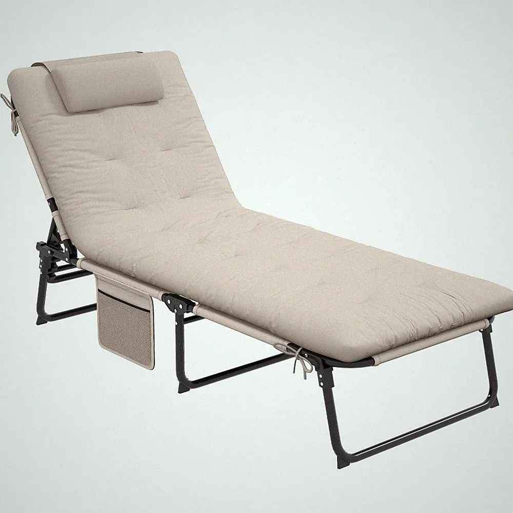 4-Level Reclining Outdoor Chaise Lounge with Cushion Storage Pocket, Beige