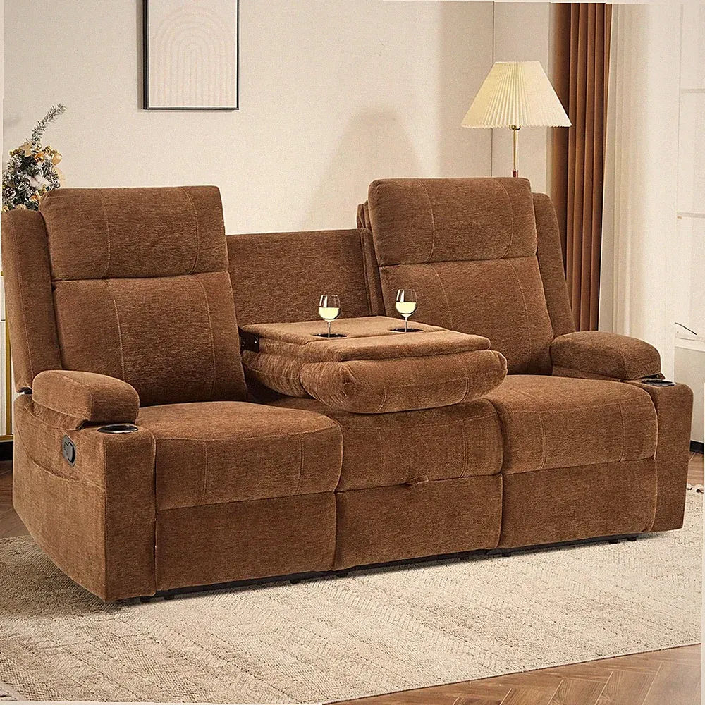 Cozy Brown Reclining Loveseat with Cup Holders & Hidden Storage for Home Theater