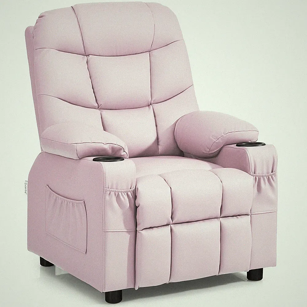 Honeyjoy Kids Youth Recliner Chair PU Leather w/Cup Holders & Side Pockets Pink