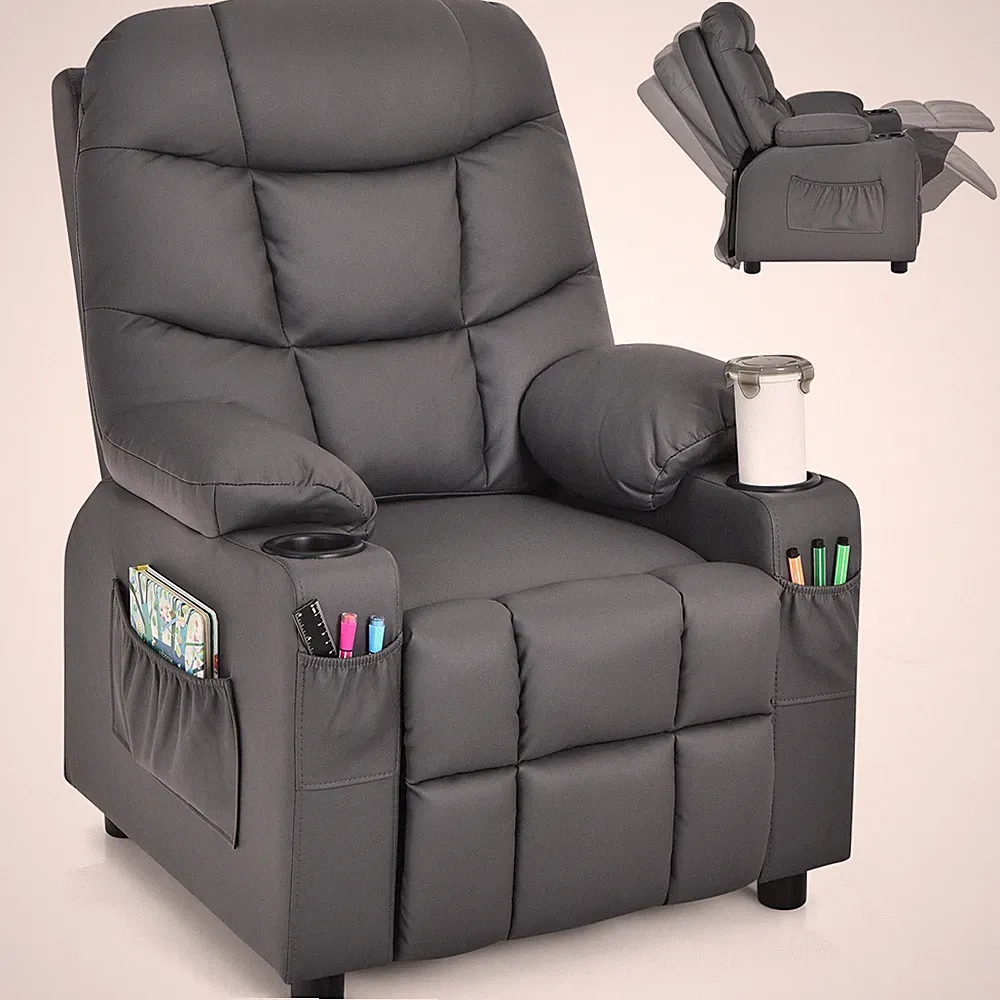 Honeyjoy Kids Youth Recliner Chair PU Leather w/Side Pockets & Cup Holders Grey