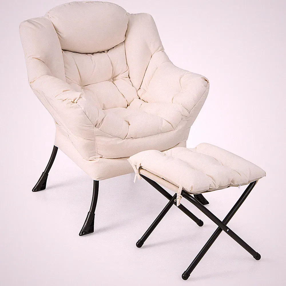 Lazy Sofa Chair Accent Leisure Armchair w/ Folding Footrest,Storage Pocket Beige