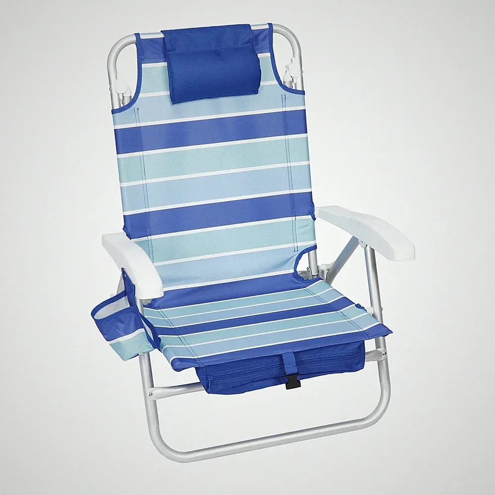 Mainstays Reclining and Lay Flat Backpack Beach Chair, Cabana Stripe, New