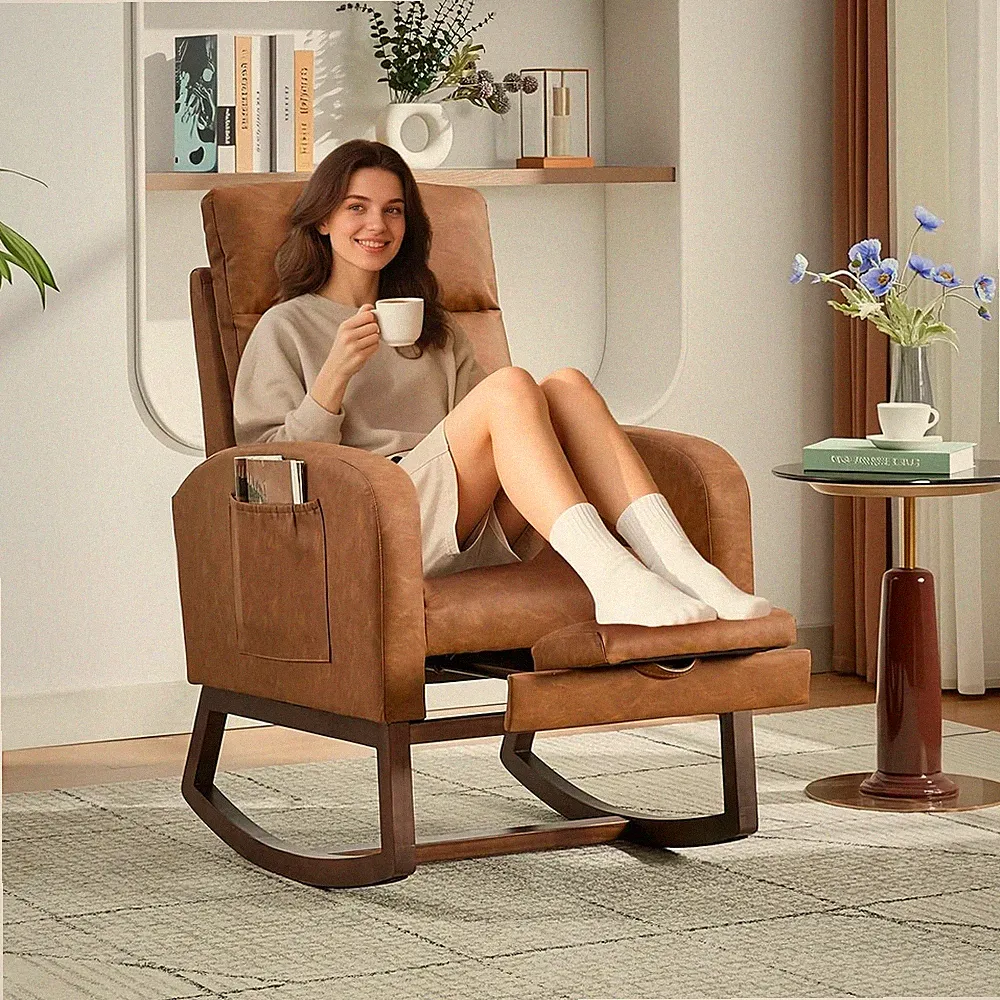 Multi-Function Comfort Rocker with Footrest & Side Pocket, Wooden Base for Home