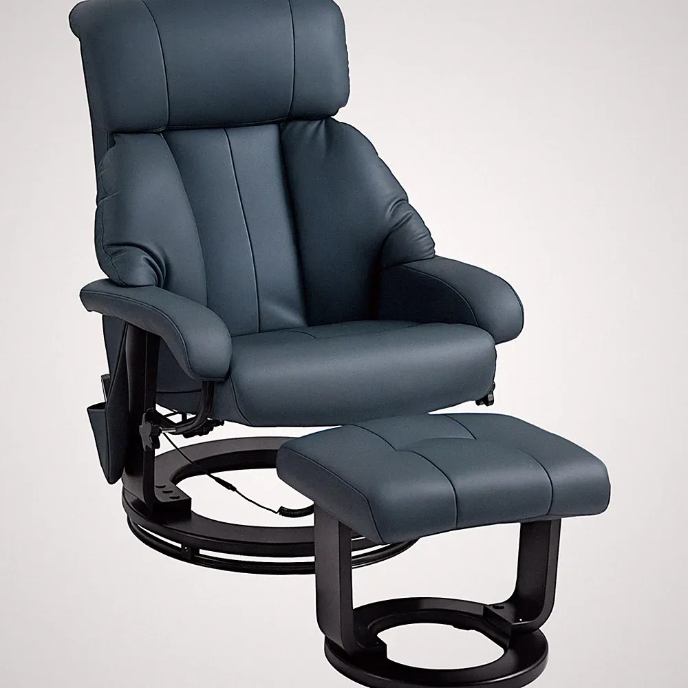 Recliner Chair with Ottoman, Swivel Wood Base, Remote and Side Pocket, Blue