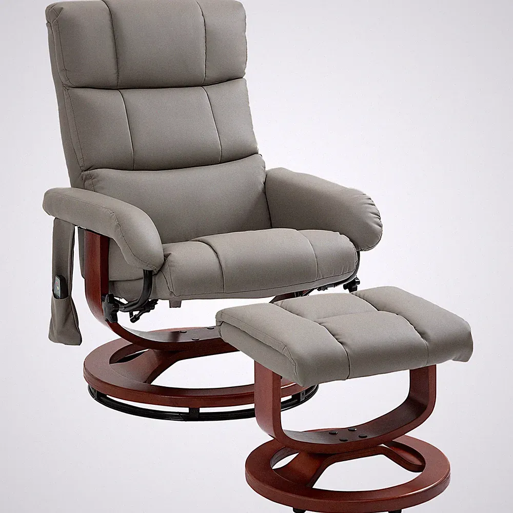 Recliner Chair with Ottoman, Swivel Wood Base, Remote and Side Pocket, Grey